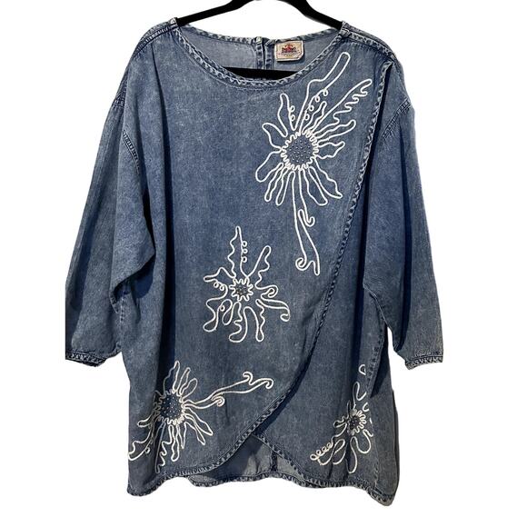 Vintage Blue Creek Jeans Embroidered Lagenlook Artsy 3/4 Wrap Denim Top 90s Y2K - Picture 1 of 7
